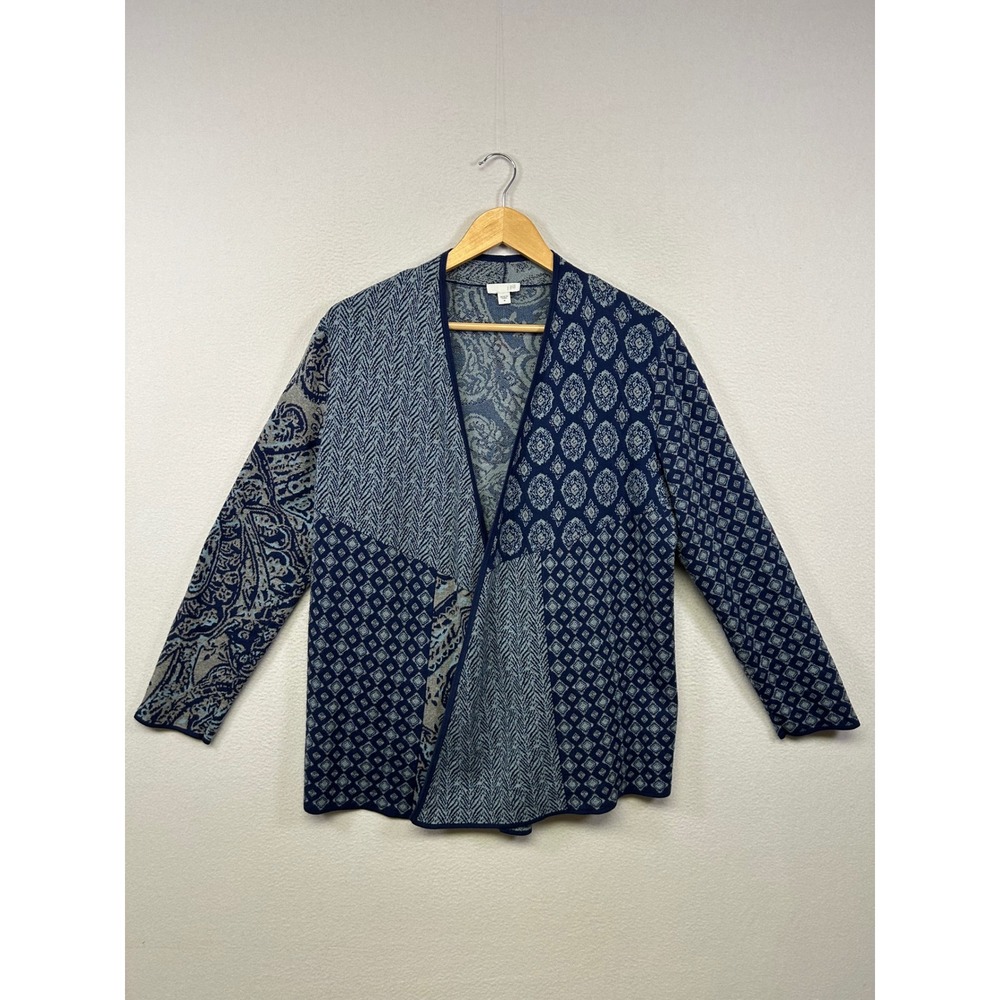 J. Jill Boho Coastal Grandma‎ Womens Med Blue Patchwork Paisley Cotton Cardigan